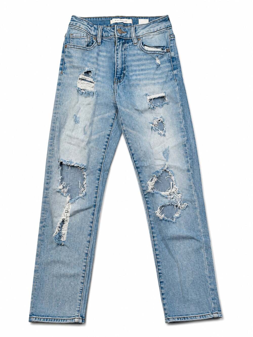 Eunina Super High Rise Mom Jean Crop Distressed Mid Wash